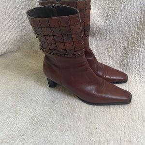 Art Effects Brown Leather Short  heel Boots puzzle details accent SZ8